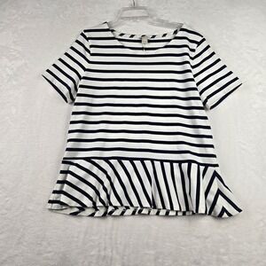 J Crew Women's White and Black‎ Striped Peplum Blouse Medium Short Sleeve
